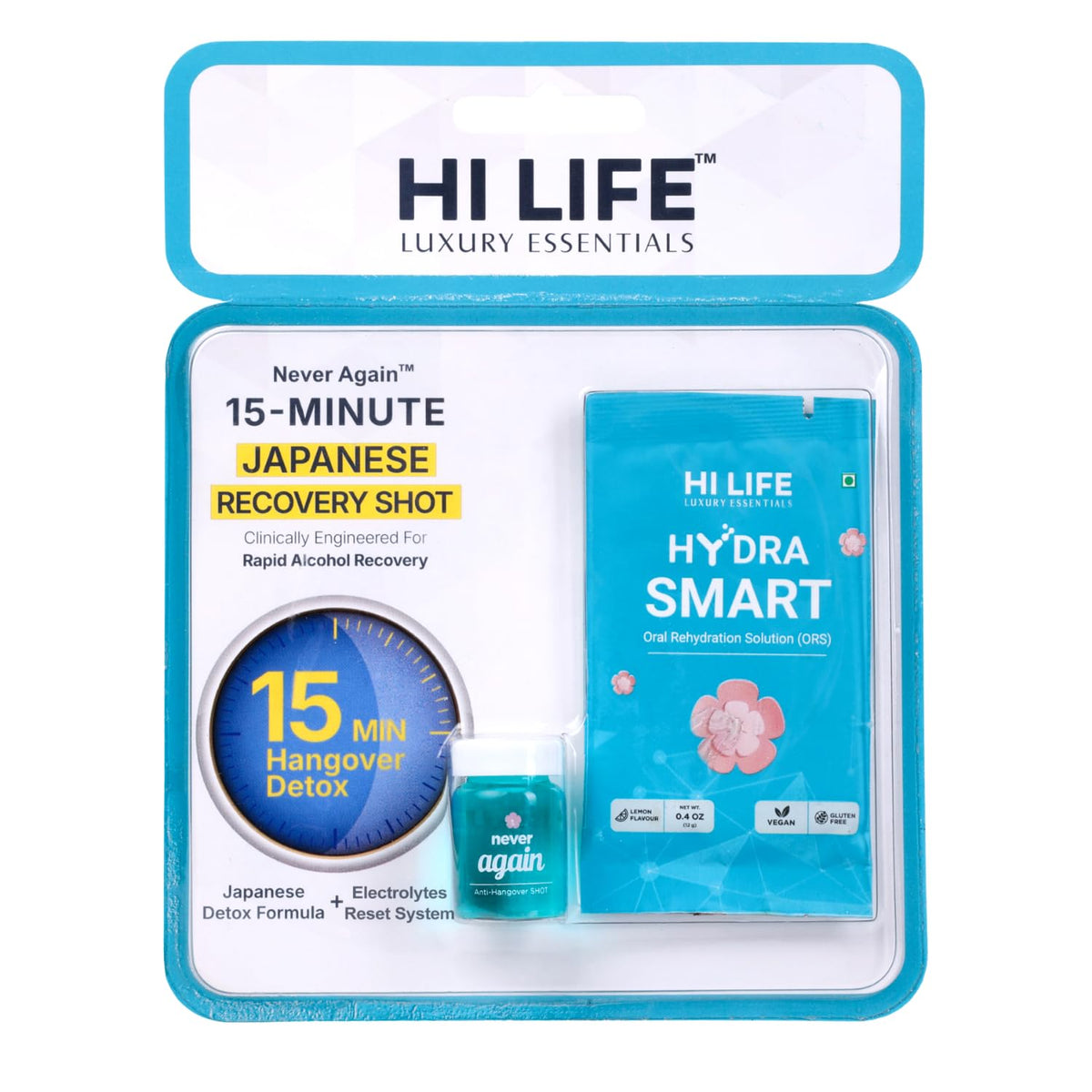 Hi Life Never Again Anti-Hangover Shot with Hydra Smart ORS | Electrolyte-Enriched Liver Detox & Recovery Drink (Pack of 1 / 50 ml)
