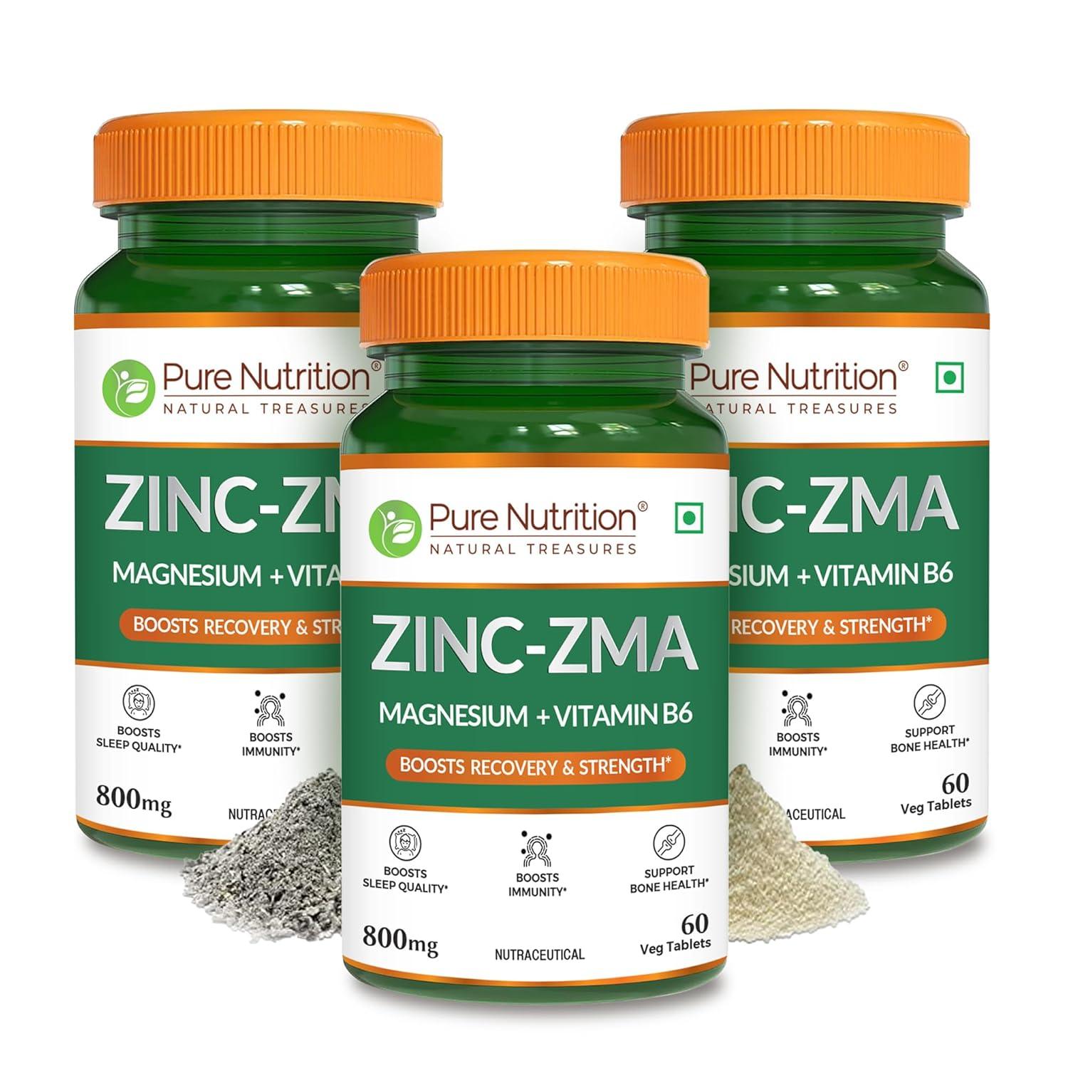 Pure Nutrition Zinc-ZMA 800 mg Veg Tablet with Magnesium & Vitamin B6 for Immunity, Bones & Muscles | 120 Veg Tablet
