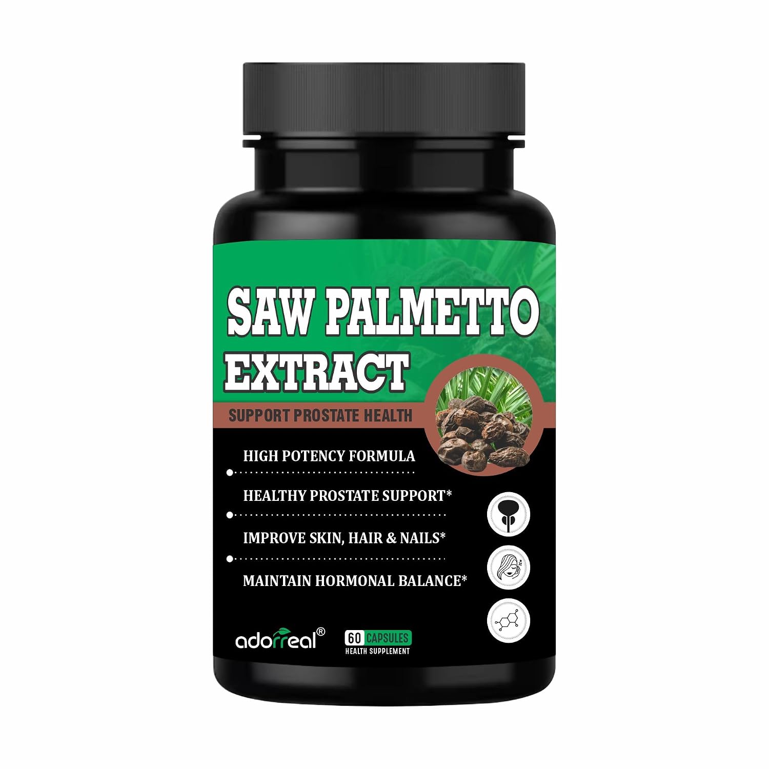Adorreal Saw Palmetto Extract Capsules (60 Capsules) | Supports Prostate Health, Hair Growth & Urinary Tract Function