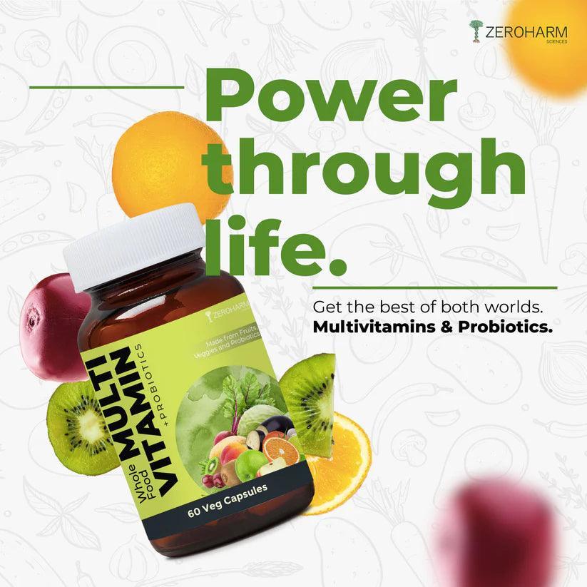 ZEROHARM Multivitamins + Probiotics Capsule With A, B , D & E Vitamins, Prebiotics for Energy, Gut Health, Digestion for Men & Women - 60 Veg Capsule