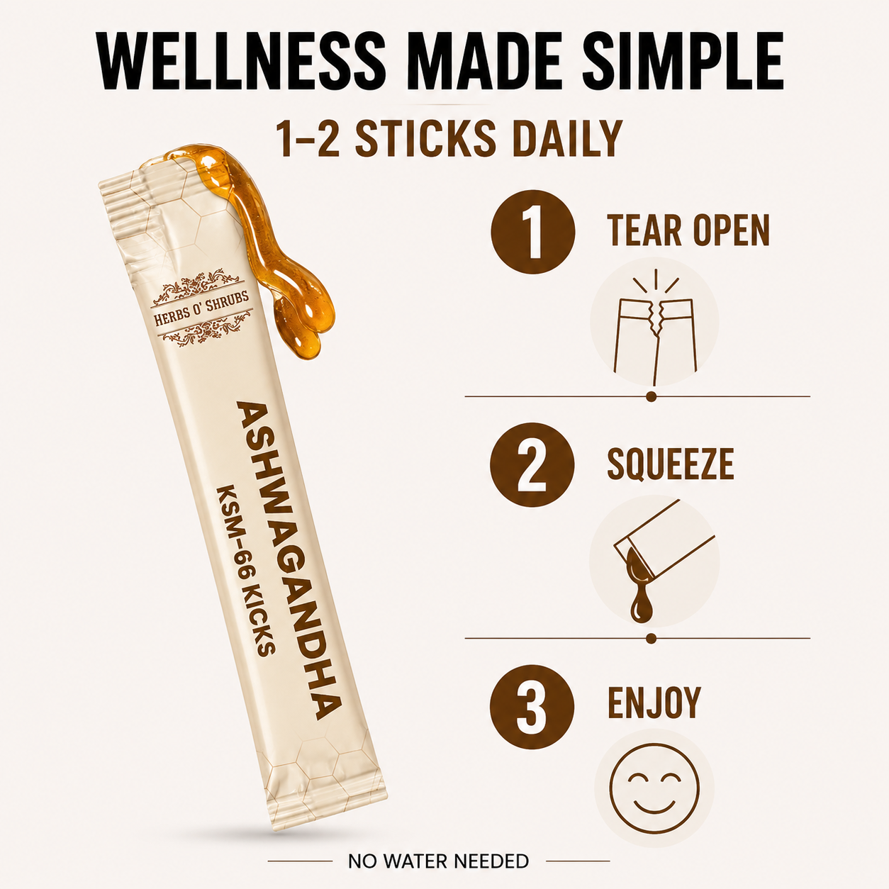 Herbs O’ Shrubs Ashwagandha KSM-66 Kicks | Root Extract with Organic Honey & Vanilla | Vitality Support | Convenient On-the-Go Energy & Focus Support, 5 Sticks