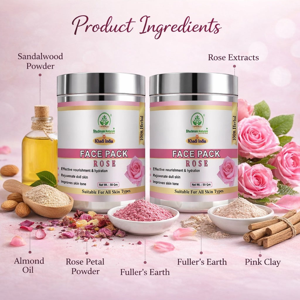 Bhudevam Naturals Khadi Herbal Rose Face Pack Skin Brightening Face Mask for Glow, Pigmentation & Deep Cleansing- 100GM (Pack of 2)