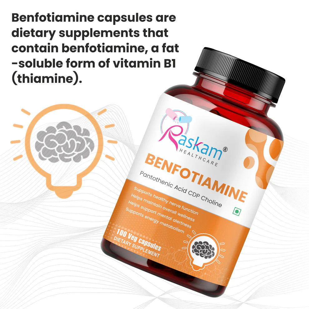 Raskam Benfotiamine+ 600mg Capsules - Antioxidant & Energy Support - Promotes Nerve Health & Metabolic Function - Nutraceutical Supplement 100-Capsules