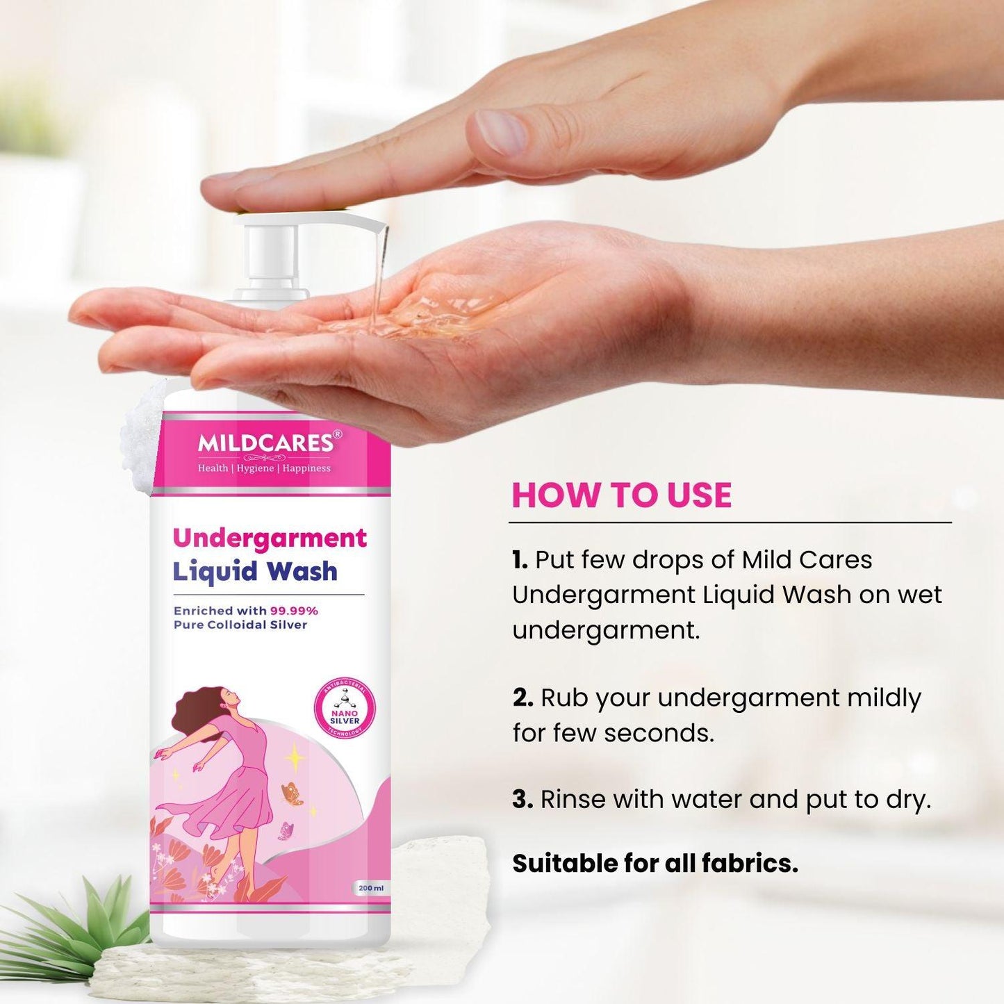 MildCares Antibacterial Undergarment Wash | Stain Removal & Odor Control | Bleach-Free Blossom Liquid Detergent