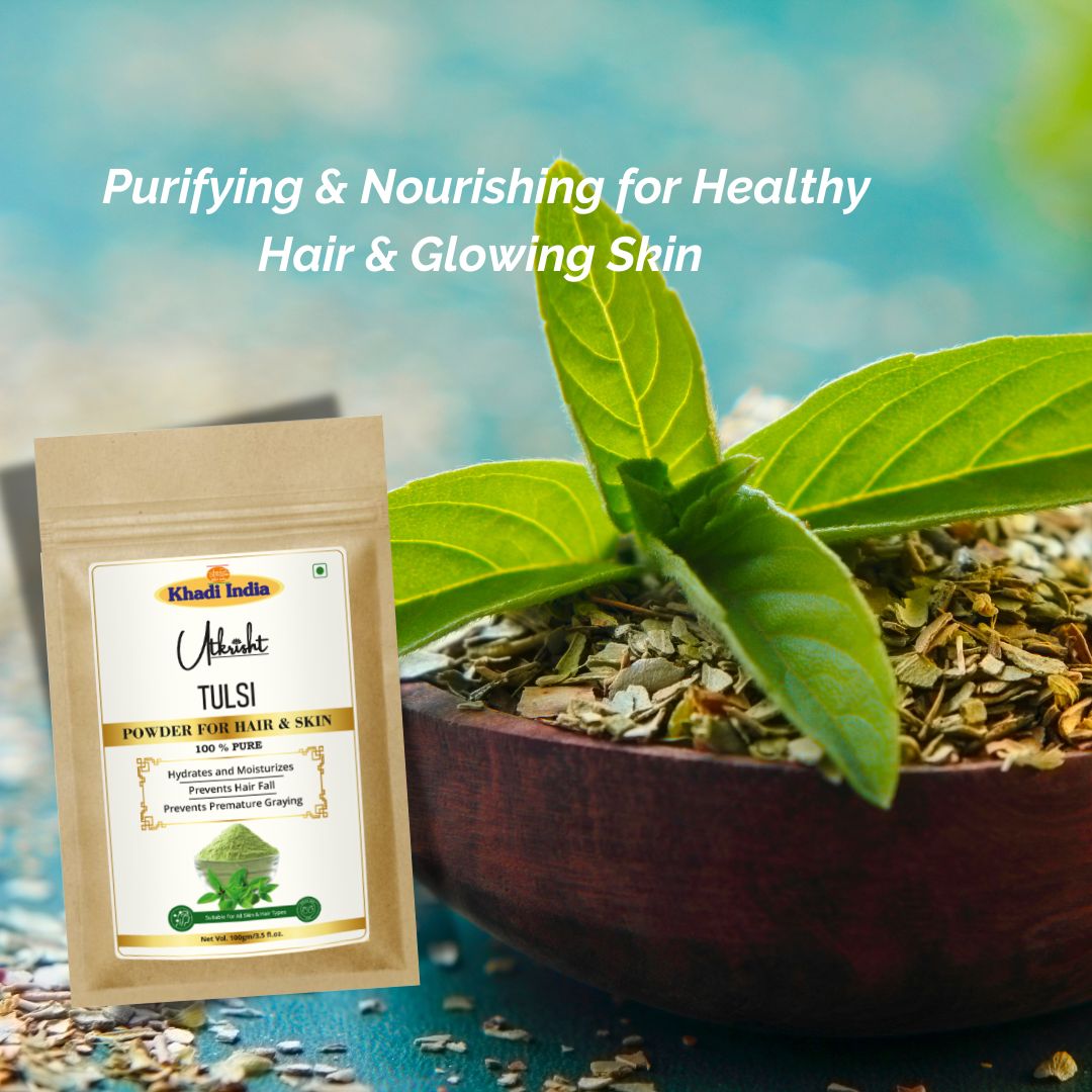 Khadi Tulsi Powder for Face & Hair | 100% Natural Holy Basil Powder | Acne, Blemish & Oil Control Care | Helps Purify Skin & Nourish Scalp | Herbal Face & Hair Pack | For All Skin & Hair Types | 100 gm
