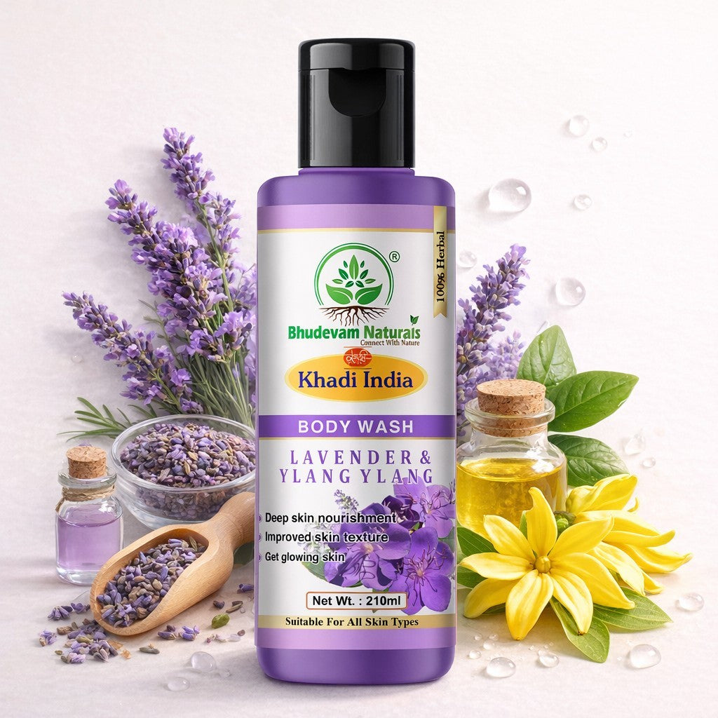 Bhudevam Naturals Khadi Lavender Ylang Ylang Body Wash, Soothing & Relaxing Skin Cleanser- 210ML