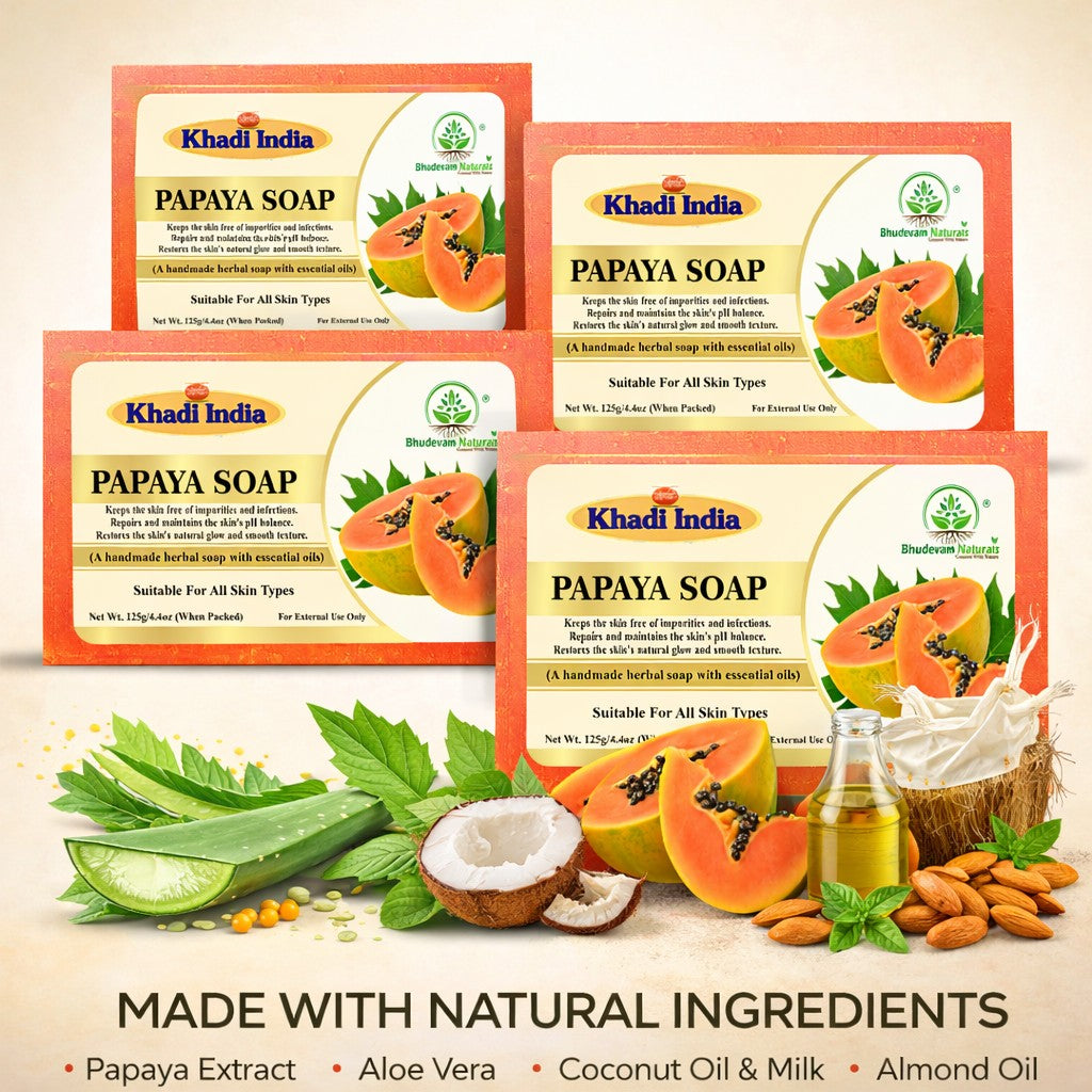 Bhudevam Naturals Khadi Handmade Papaya Soap Bar – Exfoliating & Deep Cleansing Bath Soap for Face & Body - 500GM (Pack of 4)
