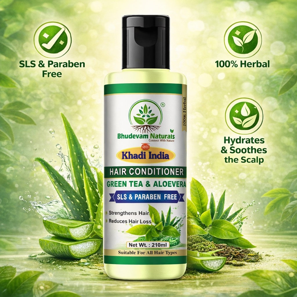 Bhudevam Naturals Khadi Green Tea Aloe Vera Hair Conditioner – Sulphate & Paraben Free Frizz Control Formula-210ML