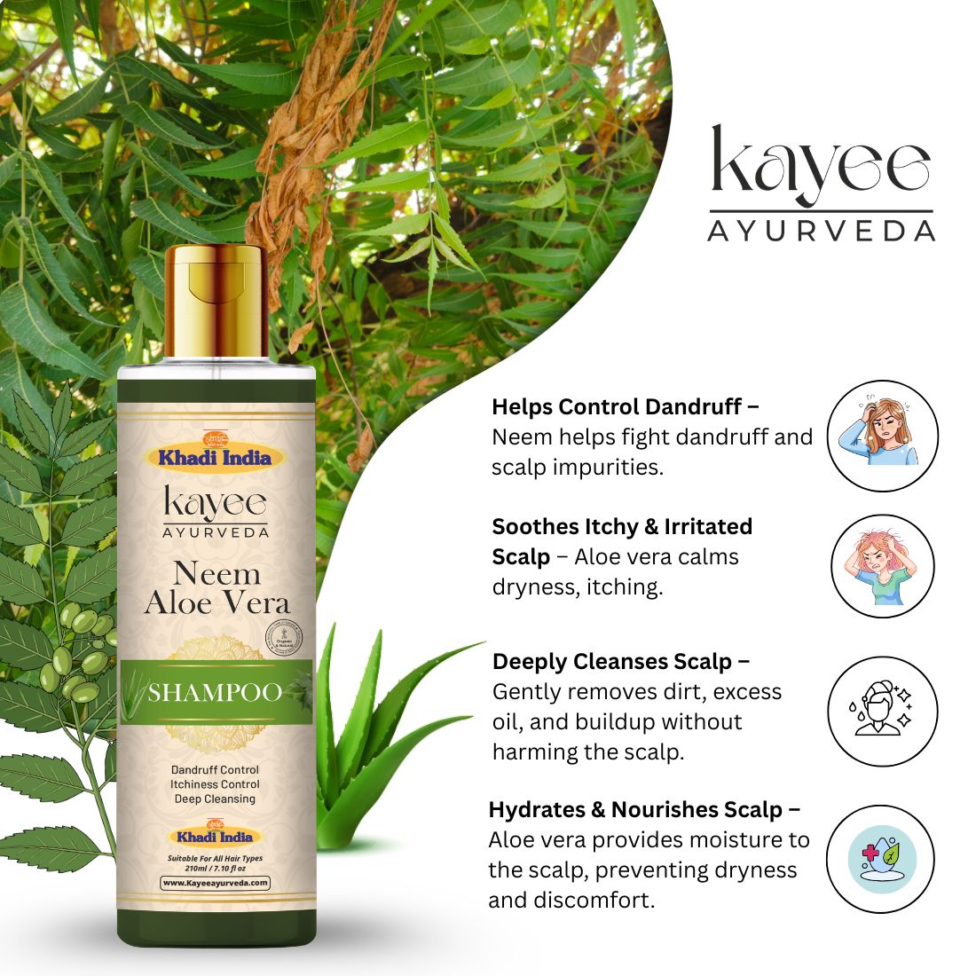 Kayee Ayurveda Neem Aloe Vera Shampoo for Men & Women | Herbal Hair Cleanser for Scalp Care | Neem & Aloe Vera Formula Helps Cleanse Dirt, Excess Oil & Impurities While Maintaining Soft, Fresh & Manageable Hair | 210 ml