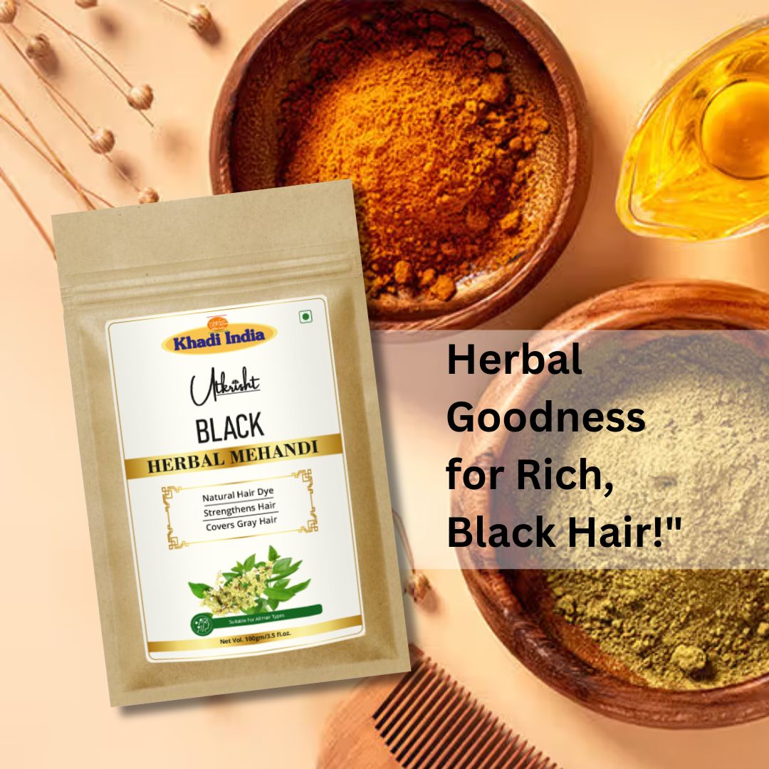 Khadi Black Hair Mehndi | Natural Henna-Based Hair Colour | With Amla, Bhringraj & Neem | Helps Cover Grey Hair & Condition Hair | 80 gm
