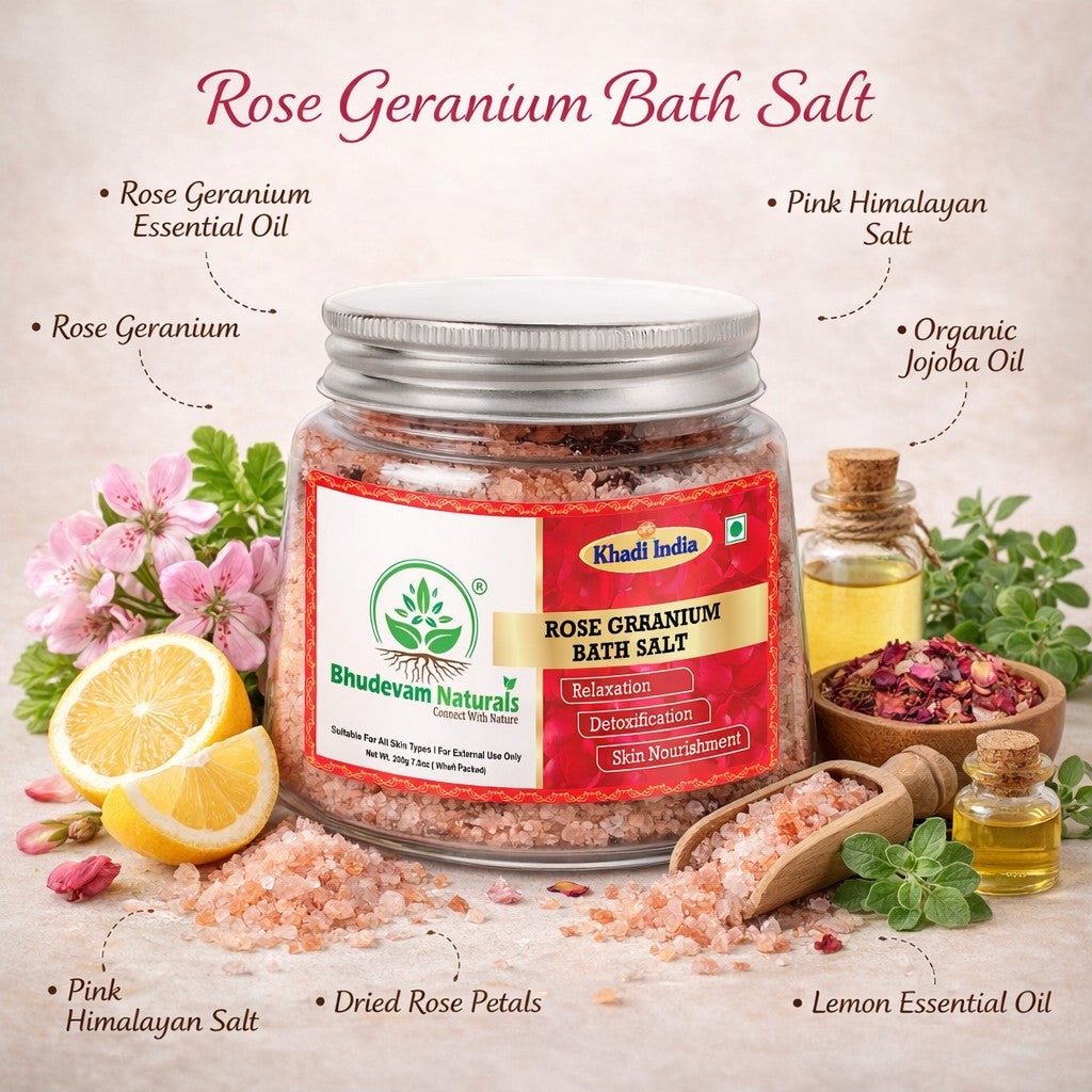 Bhudevam Naturals Khadi Rose Geranium Bath Salts for Relaxation – Natural Aromatherapy Soaking Salts with Essential Oils for Stress Relief & Skin Care- 200GM