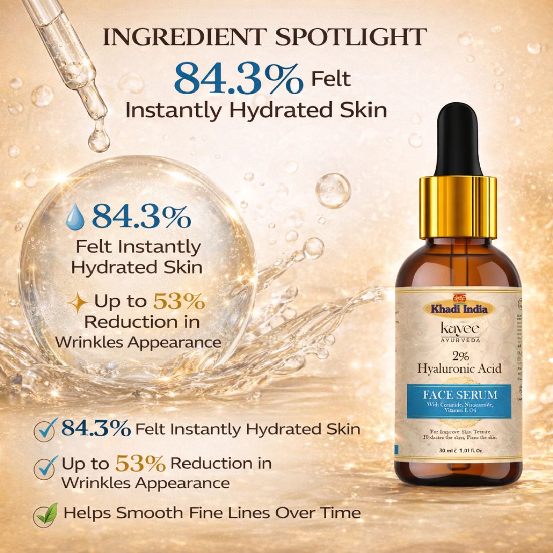 Kayee Ayurveda 2% Hyaluronic Acid Serum for Face, Intense Hydration & Moisturization, Lightweight Facial Serum for Dry, Dull & Dehydrated Skin, Daily Skincare for Women & Men | 30 ml