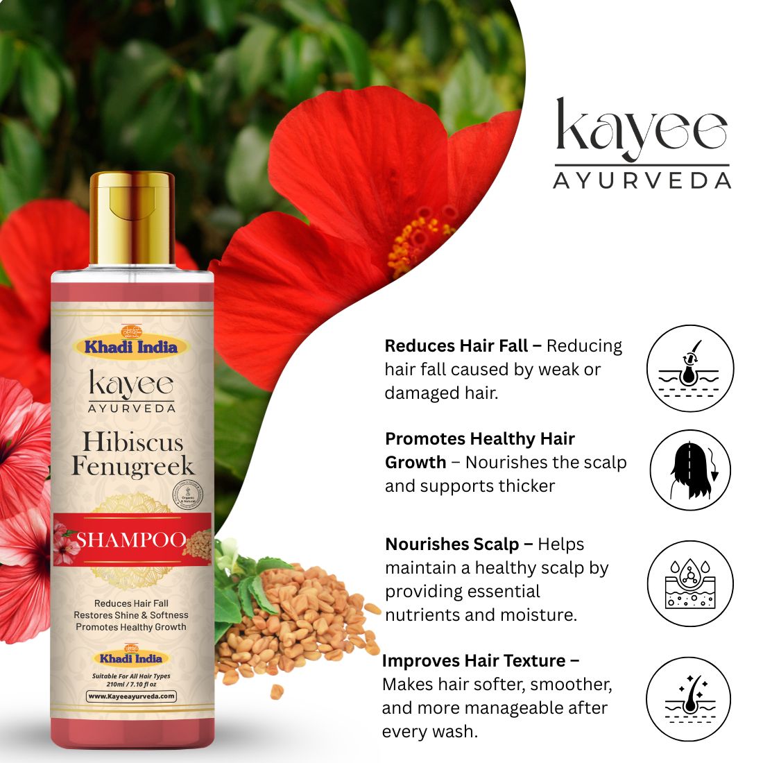 Kayee Ayurveda Hibiscus Fenugreek Shampoo for Hair Growth & Hair Fall Care | Herbal Shampoo with Hibiscus & Fenugreek for Scalp Cleansing, Hair Nourishment, Strength, Smoothness & Natural Shine | 210 ml