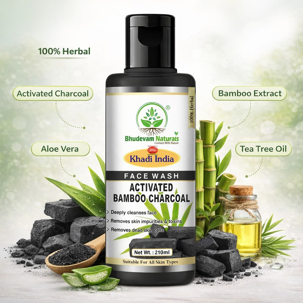 Bhudevam Naturals Khadi Bamboo Charcoal Herbal Face Wash – Reduces Acne, Pimples & Oiliness- 420ML (Pack of 2)