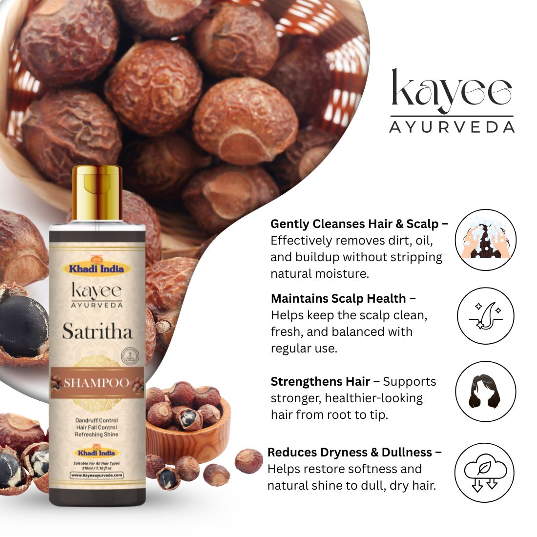Kayee Ayurveda SatRitha Shampoo for Hair Growth & Hair Care | Herbal Ayurvedic Shampoo for Scalp Cleansing, Hair Nourishment, Strength, Smoothness & Natural-Looking Shine | For Men & Women | 210 ml