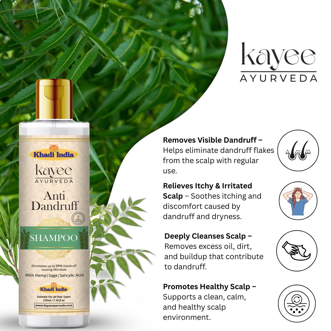 Kayee Ayurveda Anti-Dandruff Shampoo for Men & Women | Herbal Scalp Cleansing Shampoo for Dandruff & Flaky Scalp Care | Helps Remove Excess Oil, Cleanse Scalp & Maintain Fresh, Healthy-Looking Hair | 210 ml