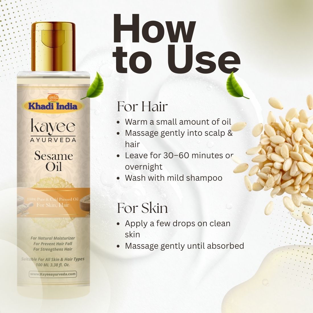Kayee Ayurveda Sesame Oil for Hair & Skin | Natural Sesame Oil for Scalp & Hair Nourishment, Dry Skin Moisturization, Hair Conditioning, Softness, Smoothness & Healthy-Looking Natural Shine | 100 ml