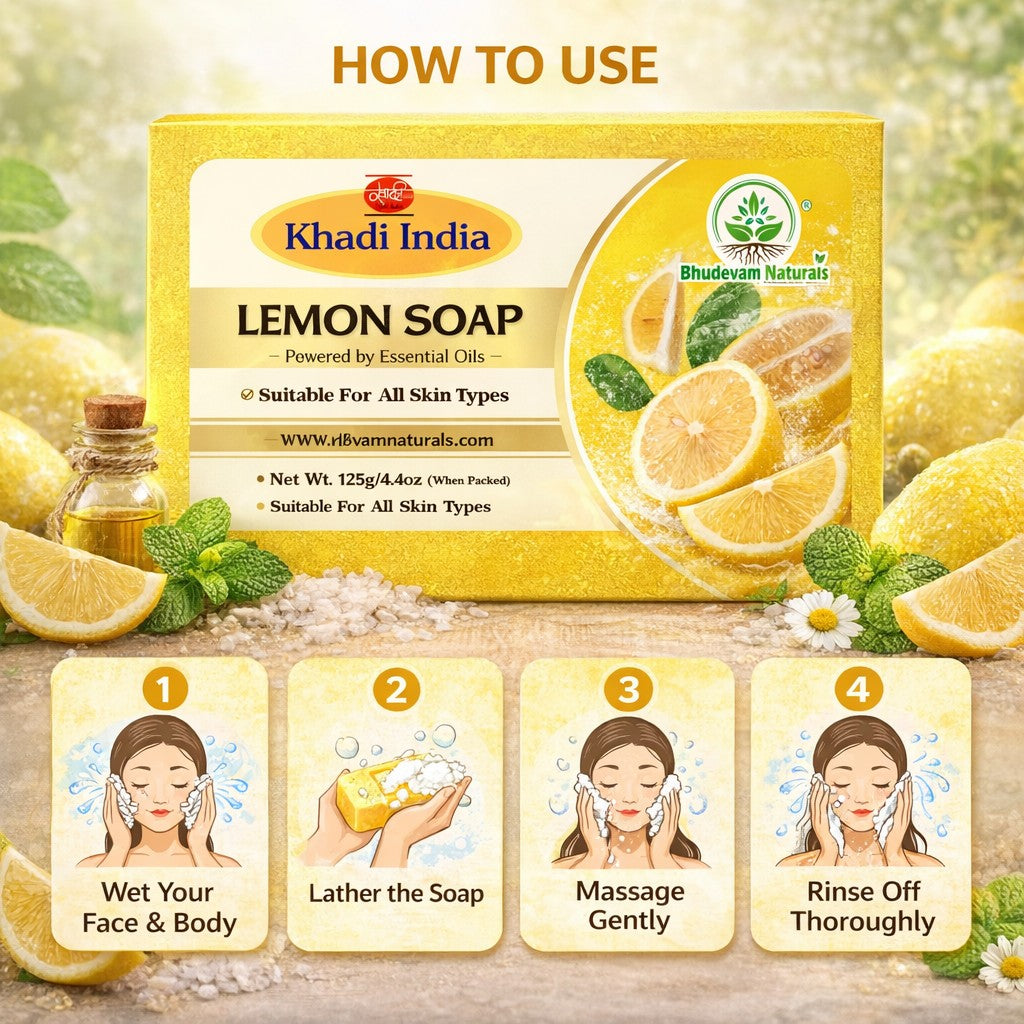Bhudevam Naturals Khadi 100% Natural Lemon Bath Soap – Skin Brightening & Oil Control Soap, Herbal Formula, Safe for Daily Use- 500GM (Pack of 4)