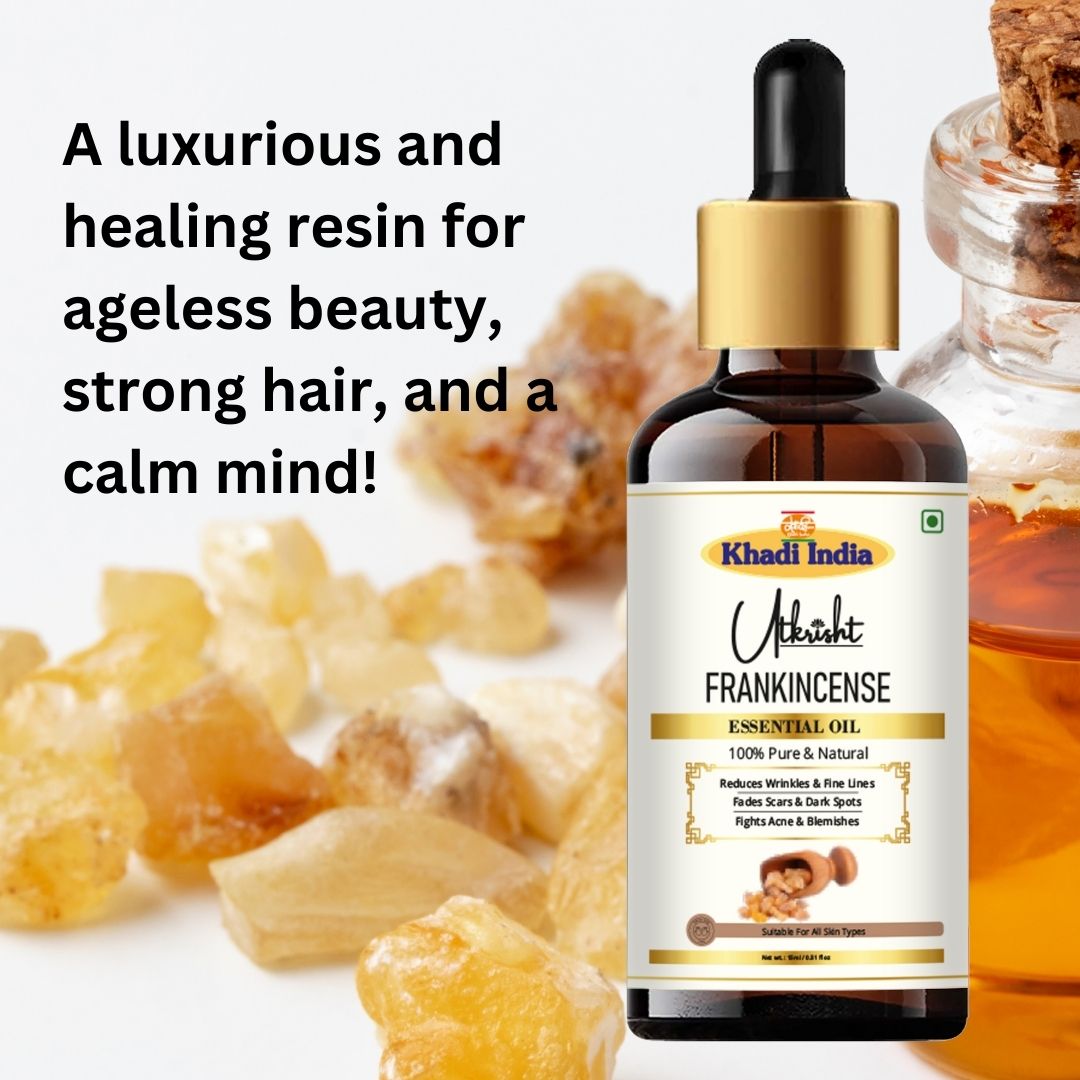 Khadi Frankincense Essential Oil | Pure & Natural Frankincense Oil for Face & Body Care | Essential Oil for Glowing-Looking Skin, Skin Care & Relaxation | Aromatherapy Oil | 15 ml