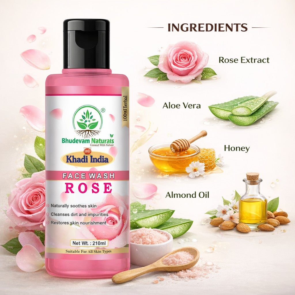 Bhudevam Naturals Khadi Rose Face Wash Gentle Herbal Face Cleanser for Soft & Glowing Skin- 420ML (Pack of 2)