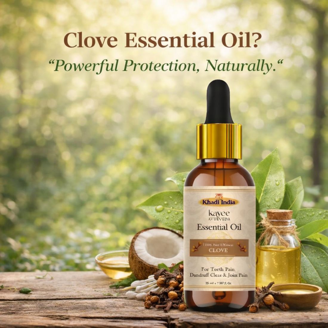Kayee Ayurveda Clove Essential Oil for Aromatherapy, Diffuser, Massage & Home Fragrance | Warm Spicy Clove Aroma Oil for Meditation, Yoga, Relaxation & Spa | Multi-Purpose Essential Oil for Personal Care & Wellness | 15 ml