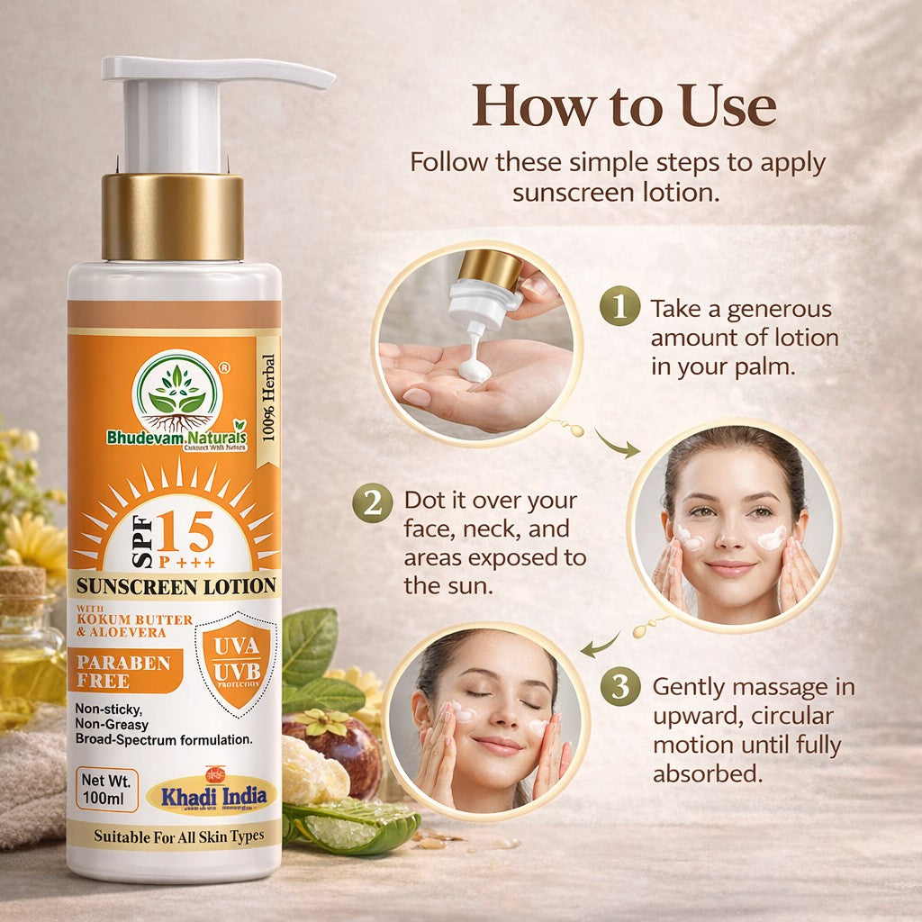 Bhudevam Naturals Khadi SPF 15 Sunblock Lotion for Face & Body | Daily UV Protection Moisturizing Sunscreen- 100ML