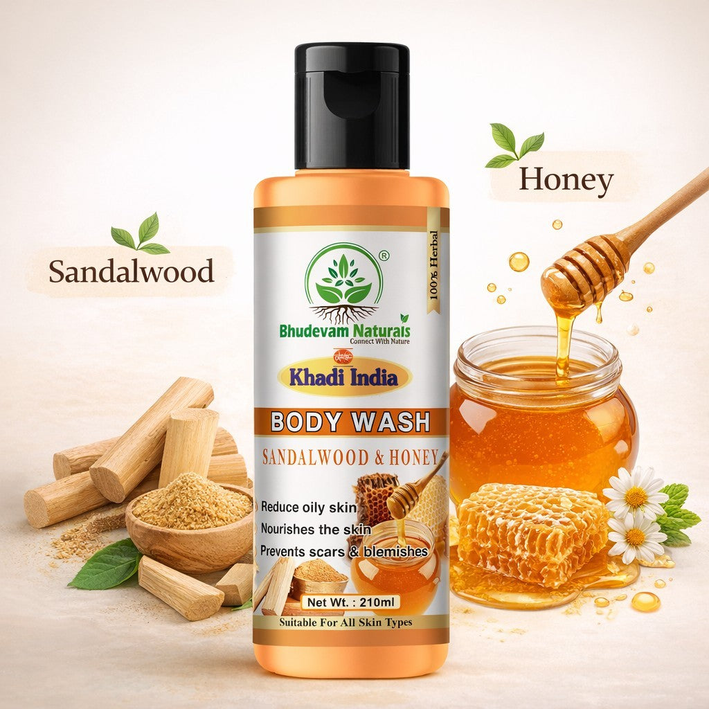 Bhudevam Naturals Khadi Sandalwood Honey Shower Gel, Natural Body Wash for Soft, Smooth & Healthy Skin- 210ML