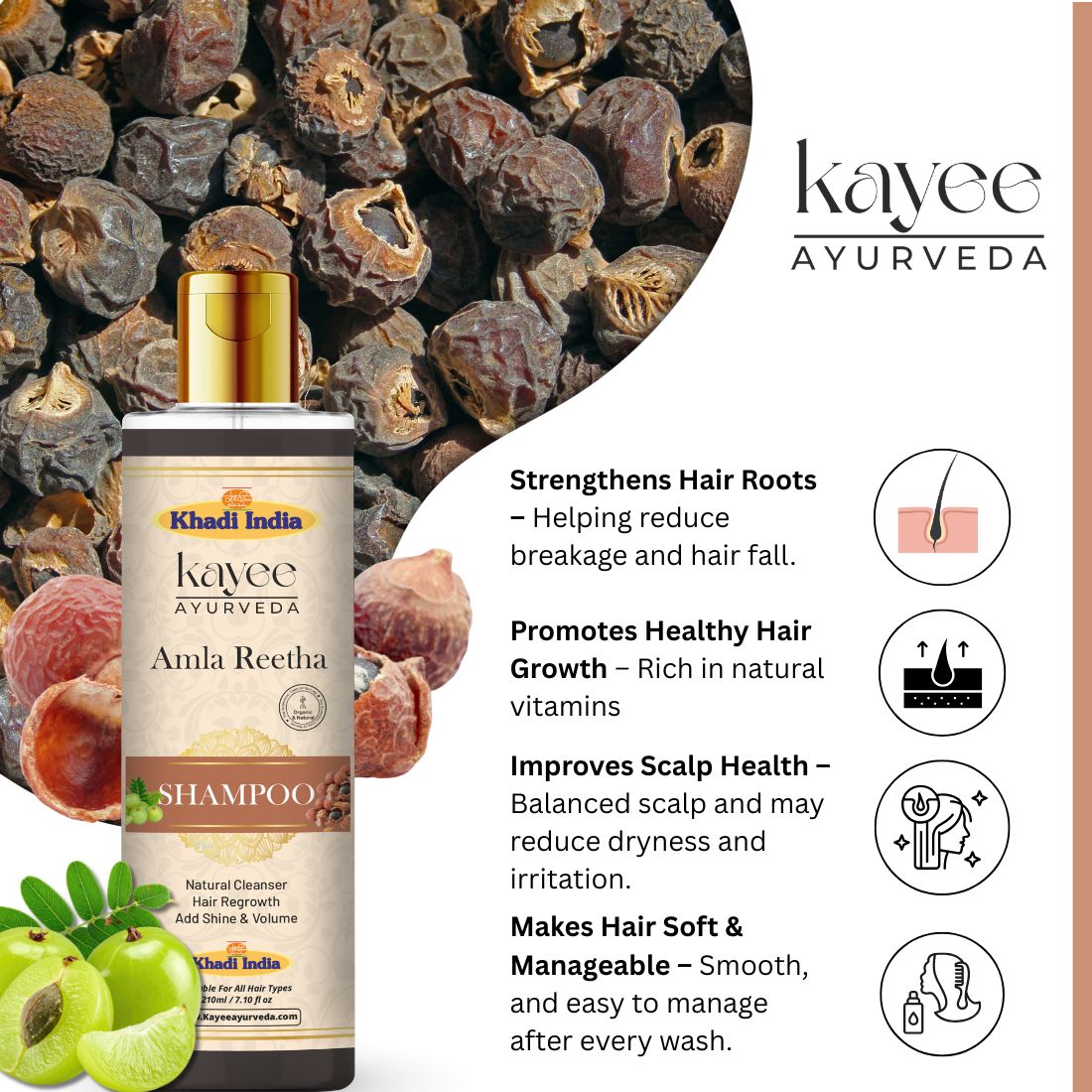 Kayee Ayurveda Amla Reetha Hair Shampoo for Strong & Healthy-Looking Hair | Herbal Shampoo for Scalp & Hair Care | Amla & Reetha Formula for Gentle Cleansing, Hair Conditioning, Softness & Healthy-Looking Shine | 210 ml