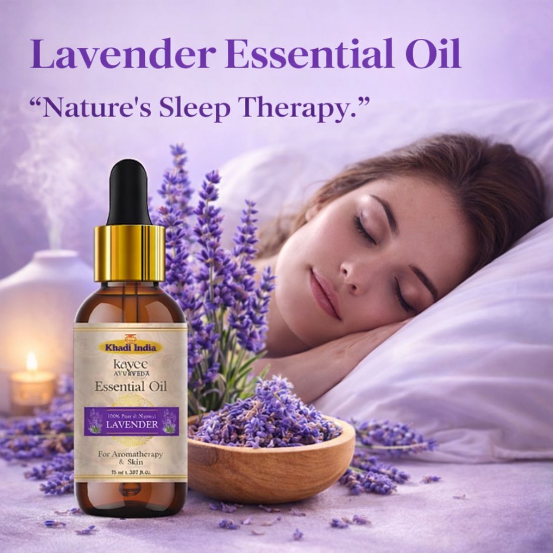 Kayee Ayurveda Lavender Essential Oil for Aromatherapy, Diffuser & Massage | Pure Lavender Aroma Oil for Relaxation, Meditation, Spa & Home Fragrance | Floral Essential Oil for Skincare, Hair Care & Personal Wellness | 15 ml