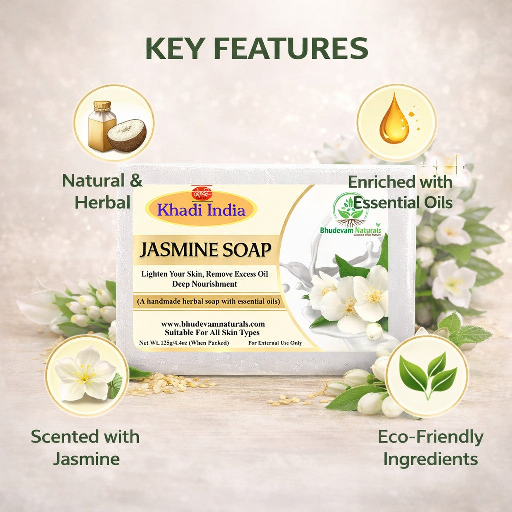 Bhudevam Naturals Khadi Jasmine Bath Soap for Moisturizing, Skin Nourishment & Long Lasting Fragrance - 500GM (Pack of 4)