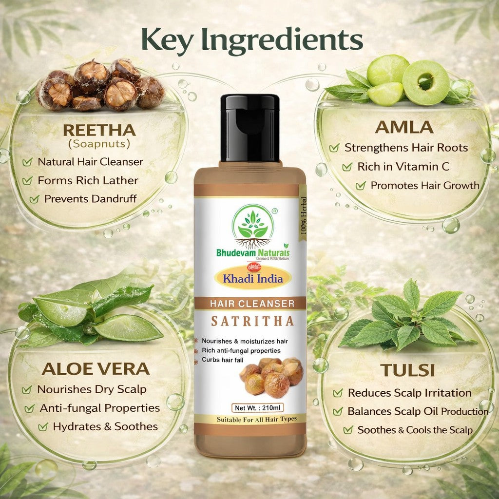Bhudevam Naturals Khadi Satritha Hair Cleanser – Natural Care for Thick & Healthy Hair- 420ML (Pack of 2)