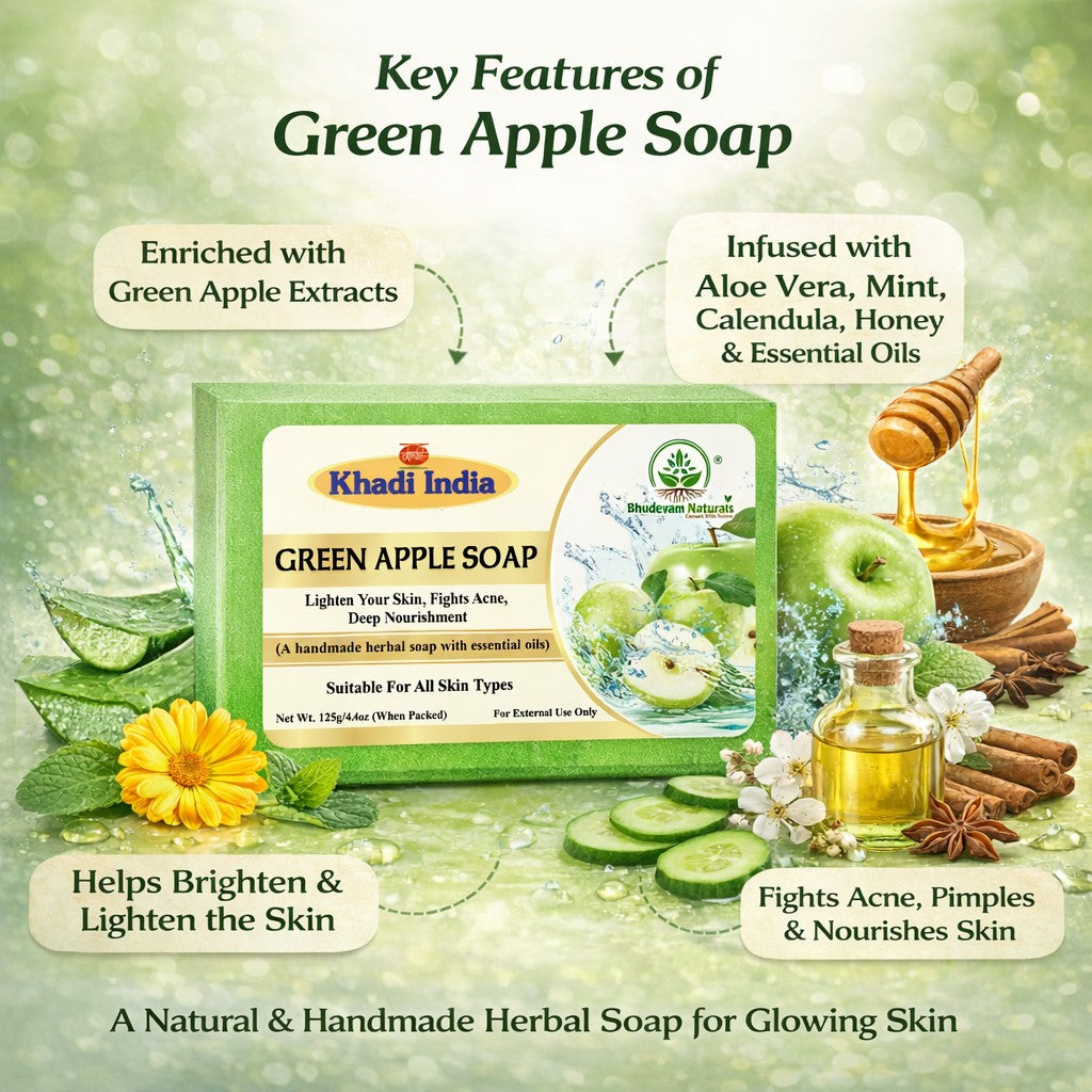 Bhudevam Naturals Khadi Green Apple Handmade Bath Soap with Refreshing Fruity Fragrance for Soft & Glowing Skin- 500GM (Pack of 4)