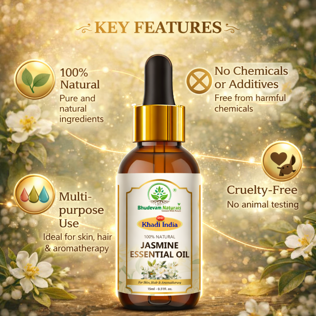 Bhudevam Naturals Khadi Jasmine Essential Oil for Aromatherapy, Skin Care, Hair Care, Stress Relief, Diffuser & Massage - 15ml