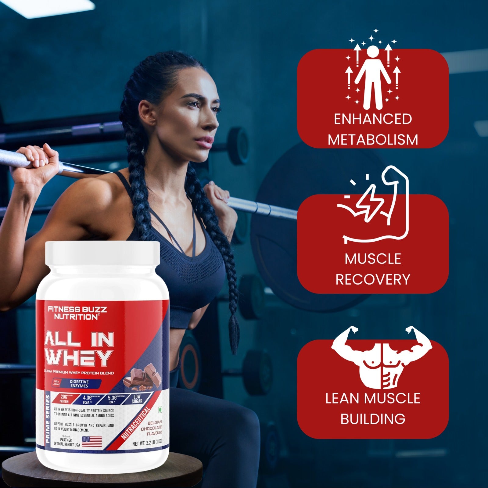 Fitness Buzz Nutrition All in Whey with Added Digestive Enzymes I 20G Protein Per Serving I 4.3 BCAA Per Serving I 5.3G EAA Per Serving I Low Sugar I Nutraceutical I Veg I Malai Kulfi