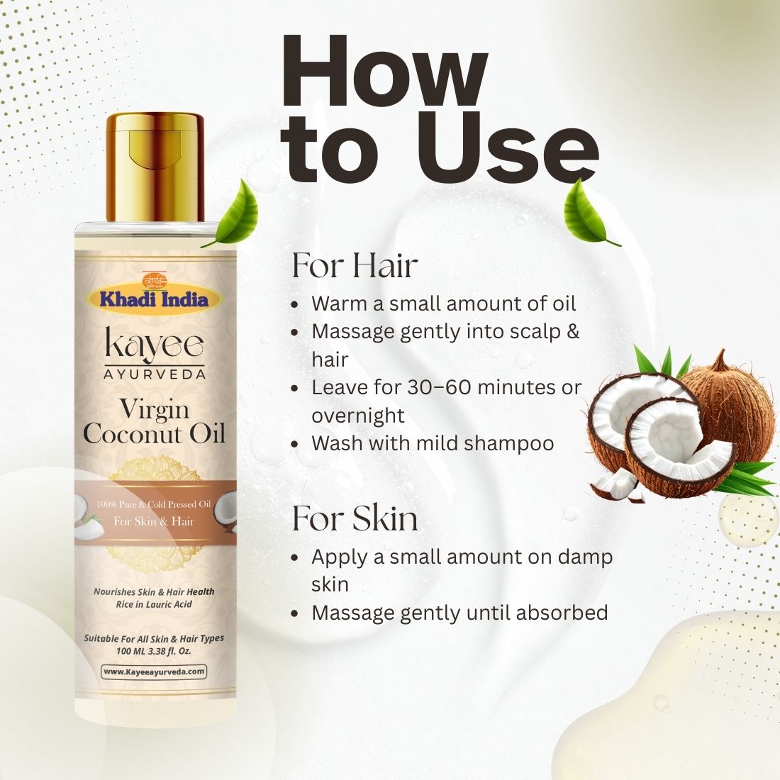 Kayee Ayurveda Virgin Coconut Oil for Hair & Skin | Natural Coconut Oil for Hair & Scalp Nourishment, Dry Skin Moisturization, Hair Conditioning, Softness, Smoothness & Natural-Looking Shine | 100 ml