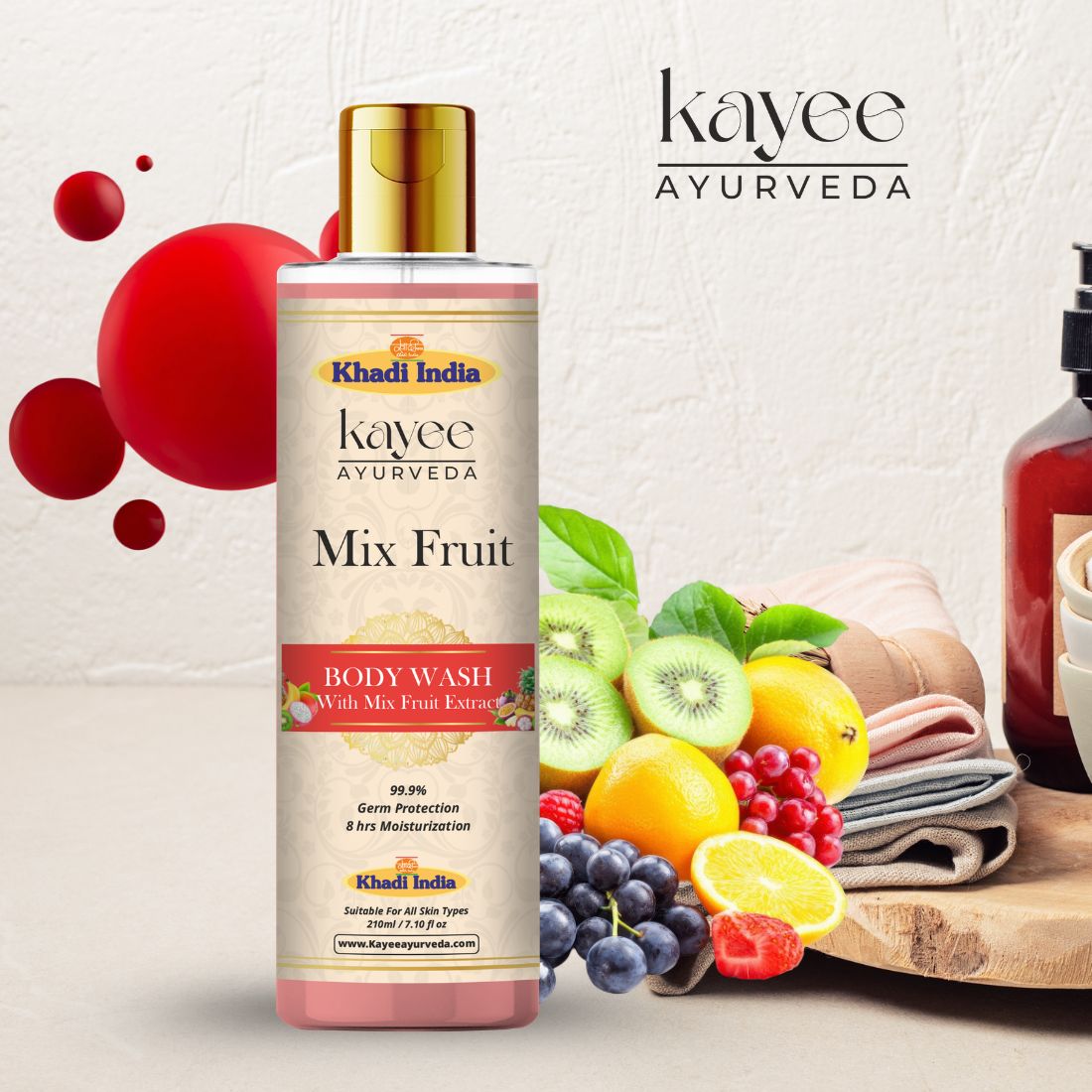 Kayee Ayurveda Mix Fruit Body Wash for Men & Women | Refreshing Fruity Shower Gel for Gentle Cleansing, Freshness & Soft Skin | Helps Remove Dirt, Sweat, Excess Oil & Impurities | Daily Bath & Body Care | 210 ml