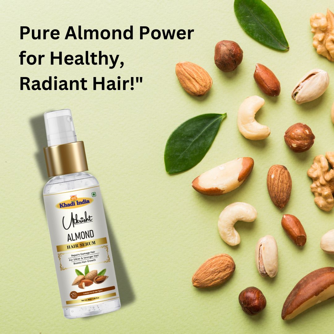 Khadi Almond Hair Serum for Dry & Frizzy Hair | Non-Sticky Hair Shine Serum | Controls Frizz, Adds Smoothness & Gloss With Almond Oil & Vitamin E For Men & Women - 50GM