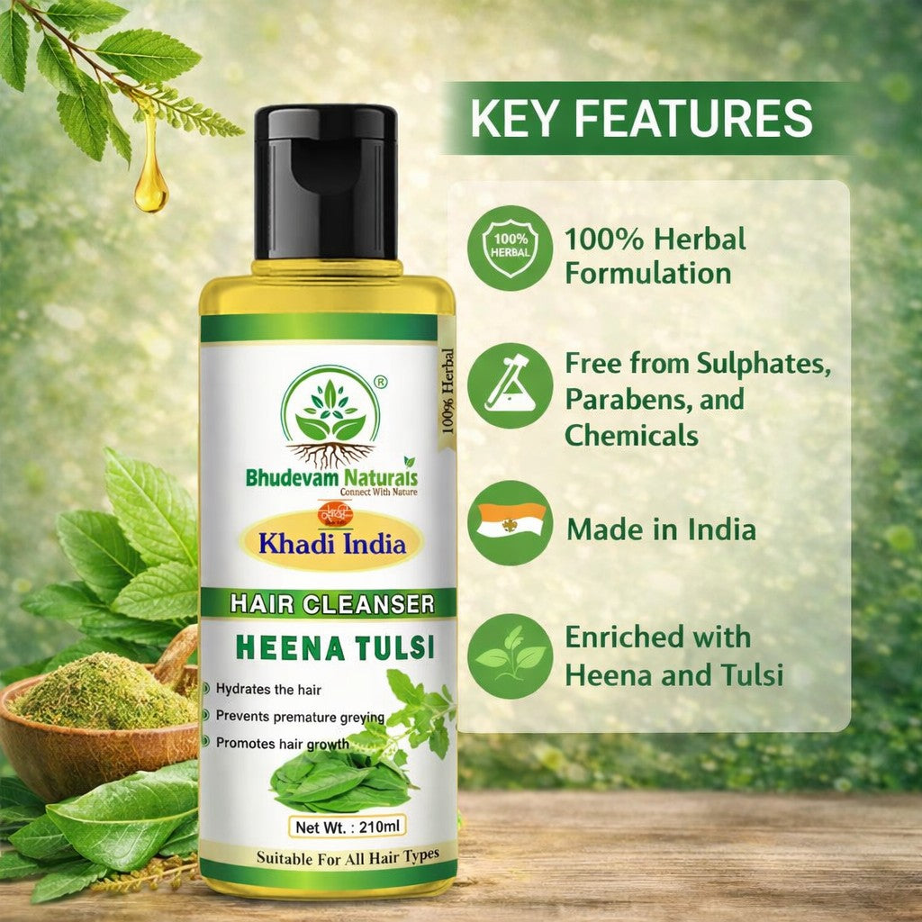 Bhudevam Naturals Khadi Henna & Tulsi Hair Shampoo for Scalp Care & Hair Fall Control- 420ML (Pack of 2)