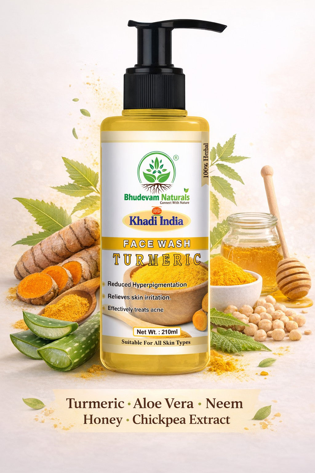 Bhudevam Naturals Khadi Turmeric Face Wash – Fights Acne, Reduces Pimples & Adds Radiance- 420ML (Pack of 2)