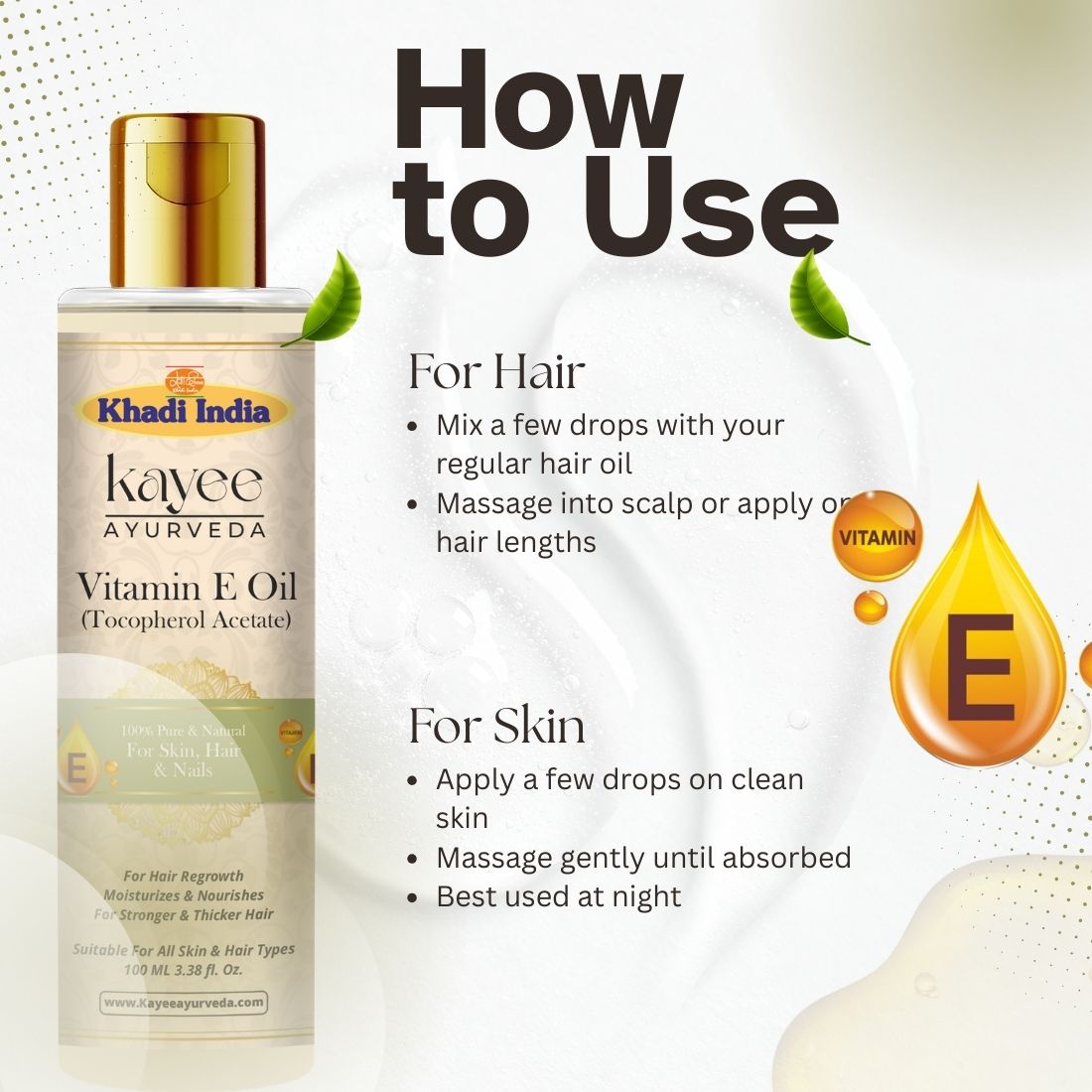 Kayee Ayurveda Vitamin E Oil for Skin, Hair & Nails | Nourishing Vitamin E Beauty Oil for Dry Skin Moisturization, Hair & Scalp Conditioning, Nail & Cuticle Care | Suitable for Men & Women | 100 ml