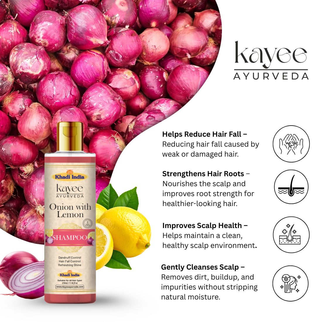 Kayee Ayurveda Onion With Lemon Shampoo for Hair Growth & Hair Fall Care | Herbal Hair Shampoo with Onion & Lemon for Scalp Cleansing, Hair Nourishment, Oil Control, Freshness, Smoothness & Natural Shine | 210 ml