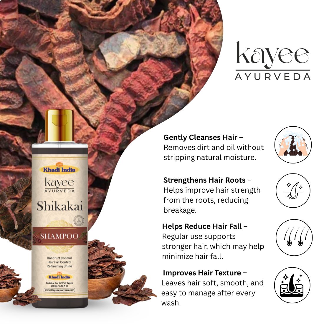 Kayee Ayurveda Shikakai Shampoo for Hair Growth & Hair Care | Herbal Ayurvedic Shampoo with Shikakai for Scalp Cleansing, Hair Nourishment, Strength, Smoothness, Softness & Natural-Looking Shine | 210 ml
