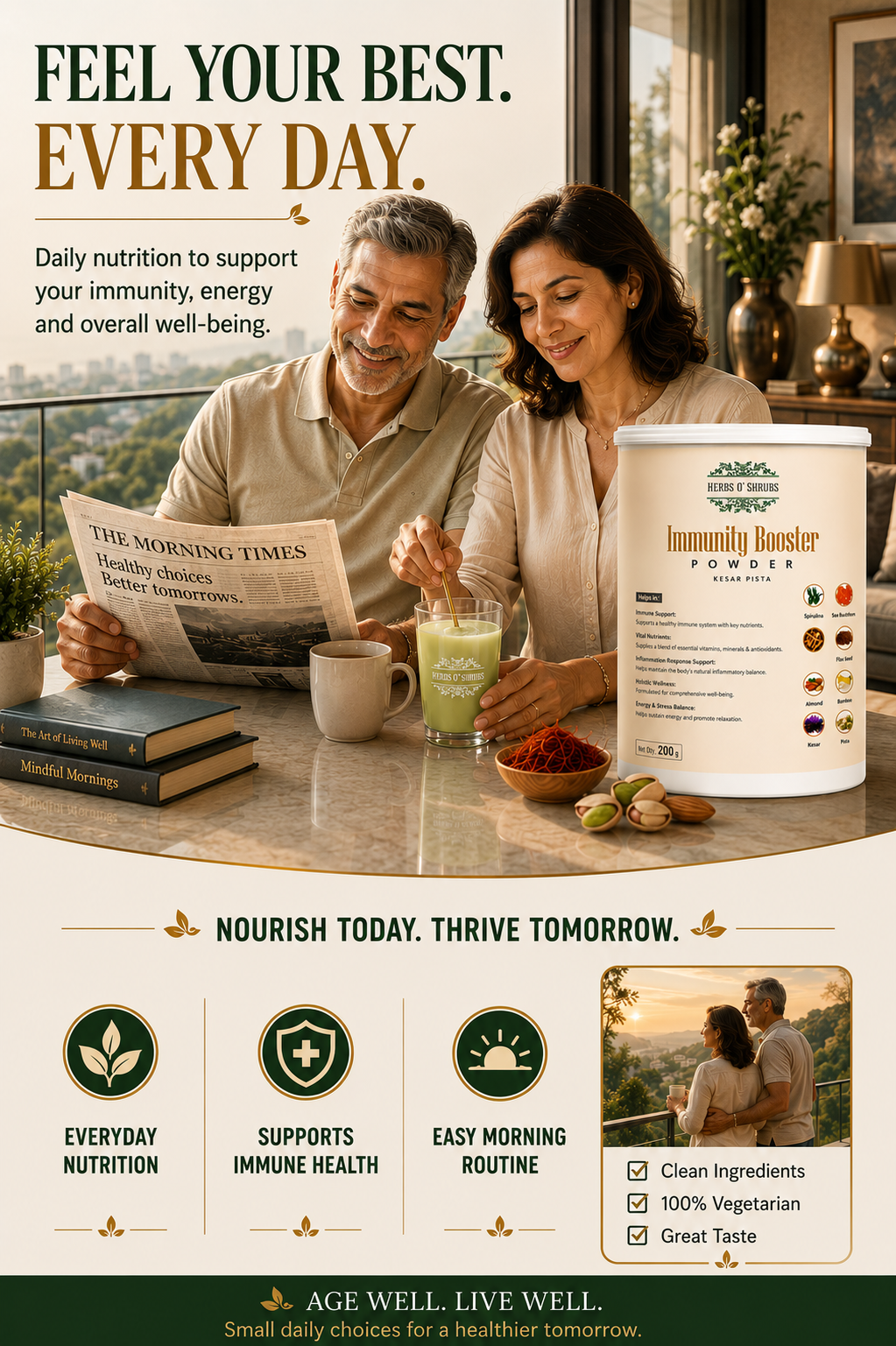 Herbs O’ Shrubs Immunity Booster Powder | Kesar Pista Flavour | Nutrition Powder | Ayurvedic Vitality Blend with Ashwagandha, Sea Buckthorn & Blue Green Algae | Vegan & Daily Immune Support,  200g
