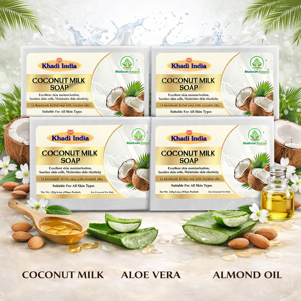 Bhudevam Naturals Khadi Handmade Coconut Milk Bath Soap for Dry Skin, Deep Nourishment & Glow- 500GM (Pack of 4)