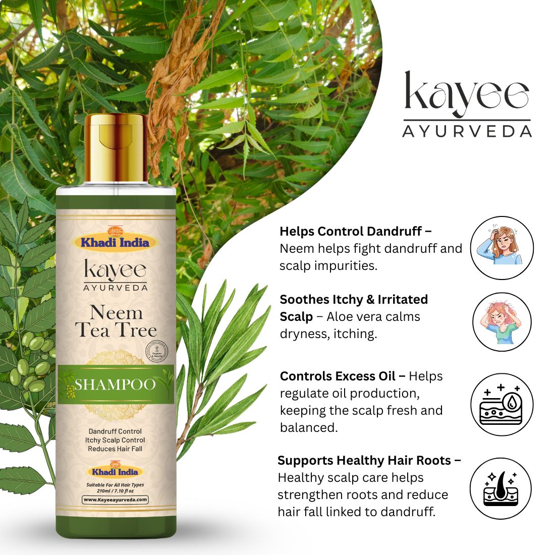 Kayee Ayurveda Neem & Tea Tree Herbal Shampoo | Scalp Care Shampoo for Oily, Dull & Flaky-Looking Scalp | Herbal Hair Cleanser for Freshness, Cleansing, Hair Conditioning & Healthy-Looking Shine | 210 ml