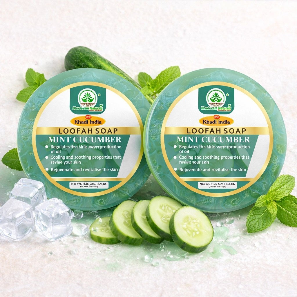 Bhudevam Naturals Khadi Mint Cucumber Loofah Soap – Natural Exfoliating Bath Soap for Cool & Refreshing Skin - 250GM (Pack of 2)