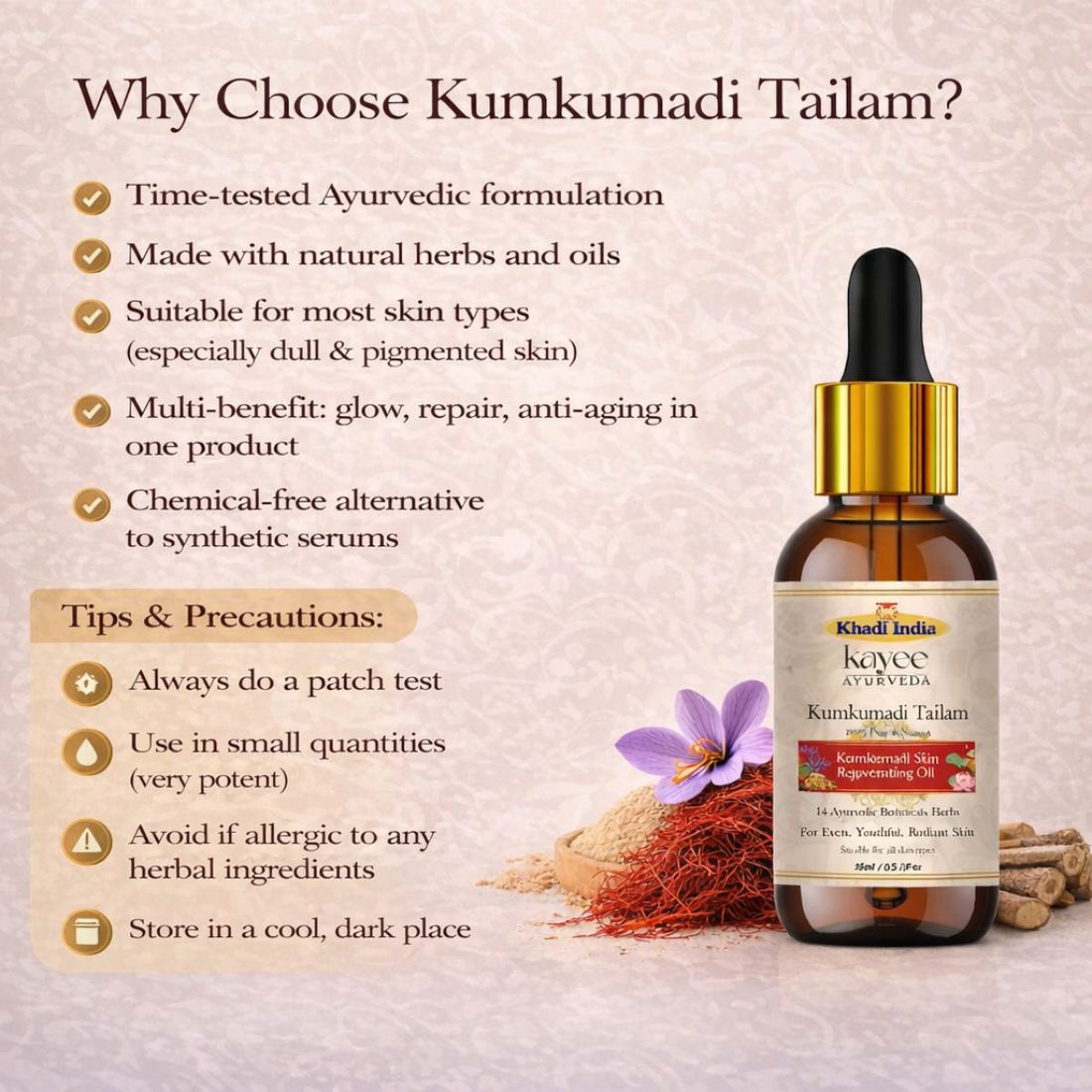 Kayee Ayurveda Kumkumadi Tailam Face Oil, Ayurvedic Facial Oil for Soft, Smooth & Radiant-Looking Skin, Nourishing & Moisturizing Face Oil for Dull, Dry & Uneven-Looking Skin, Women & Men | 15 ml