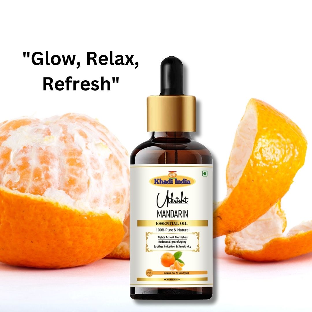 Khadi Mandarin Essential Oil | Pure & Natural Mandarin Oil for Face & Skin Care | Essential Oil for Brightening & Glowing-Looking Skin | Citrus Aromatherapy Oil for Relaxation | 15 ml