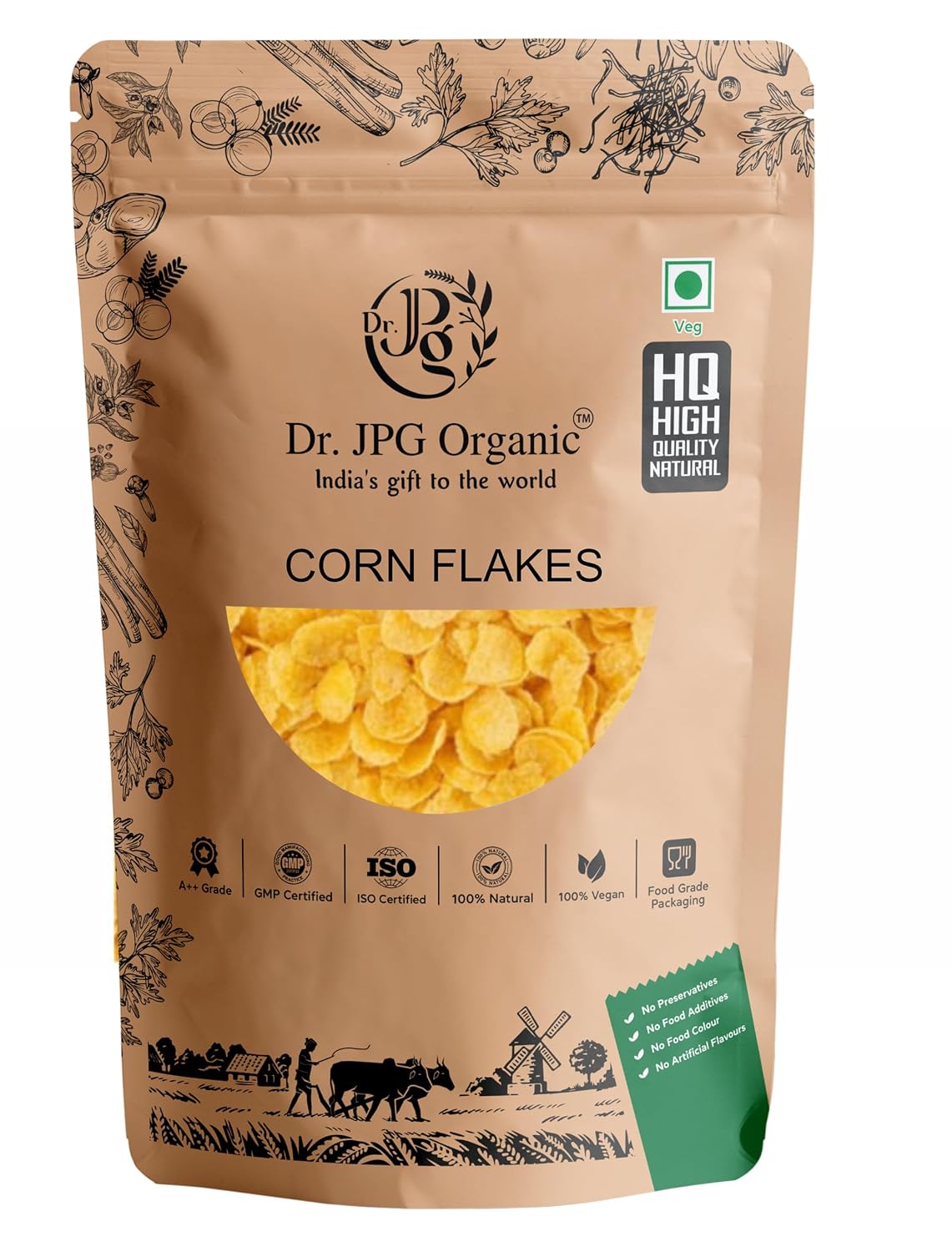 DR. JPG Organic Corn Flakes (300g) | Energy, Protein, Iron, Calcium & Essential Vitamins | 100% Certified Organic Breakfast Cereal