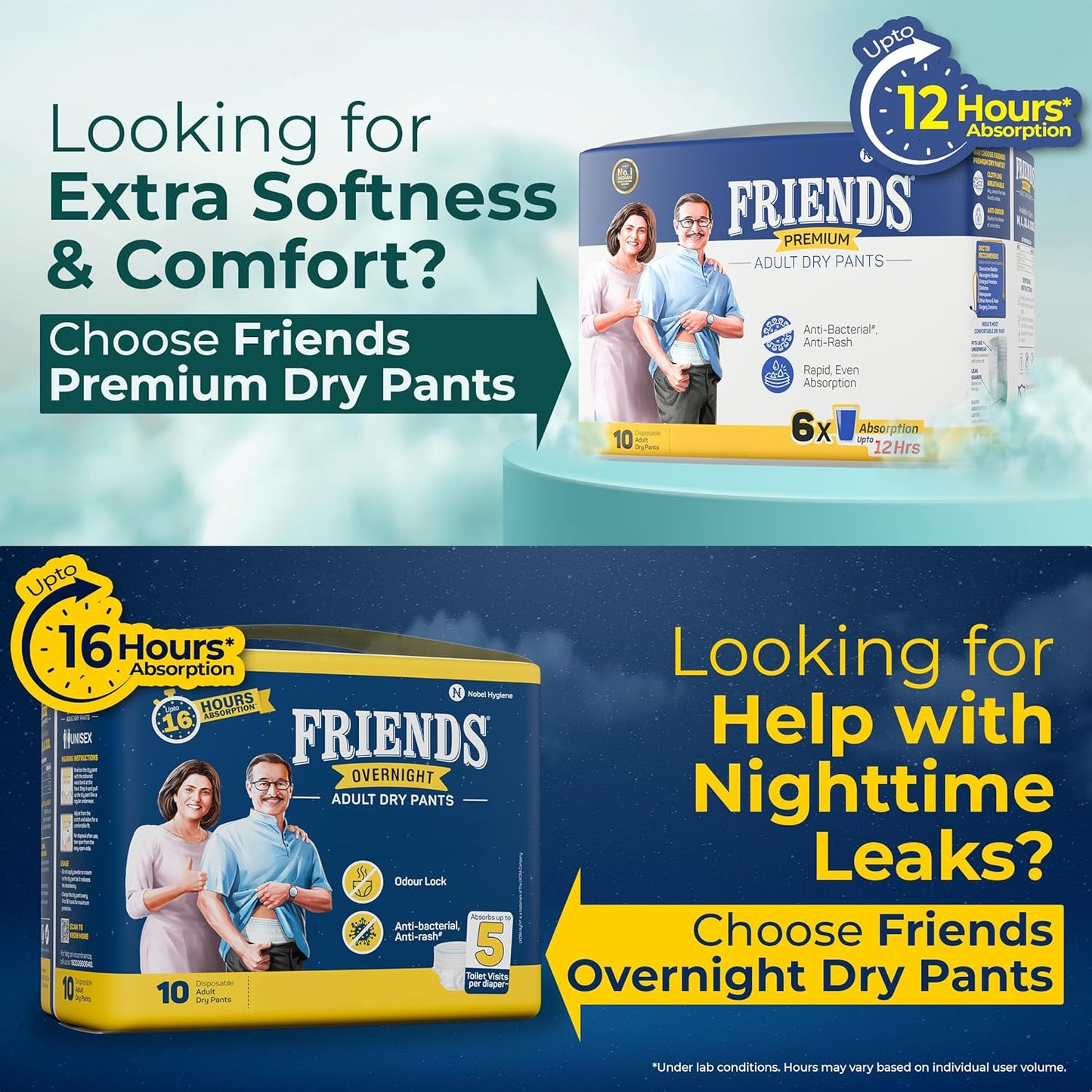 Friends Premium Adult Diaper Pants XL Pants Style - 10 Count (Extra Large) with odour lock, Unisex, Leakproof, Elastic Waist and Anti-Bacterial Absorbent Core - Waist Size 30-56 inch; 76-142 cm